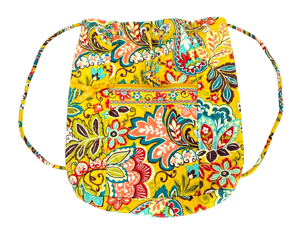 Vera Bradley Provencal Drawstring Backsack Front Pocket Quilt Yellow Blu Retired